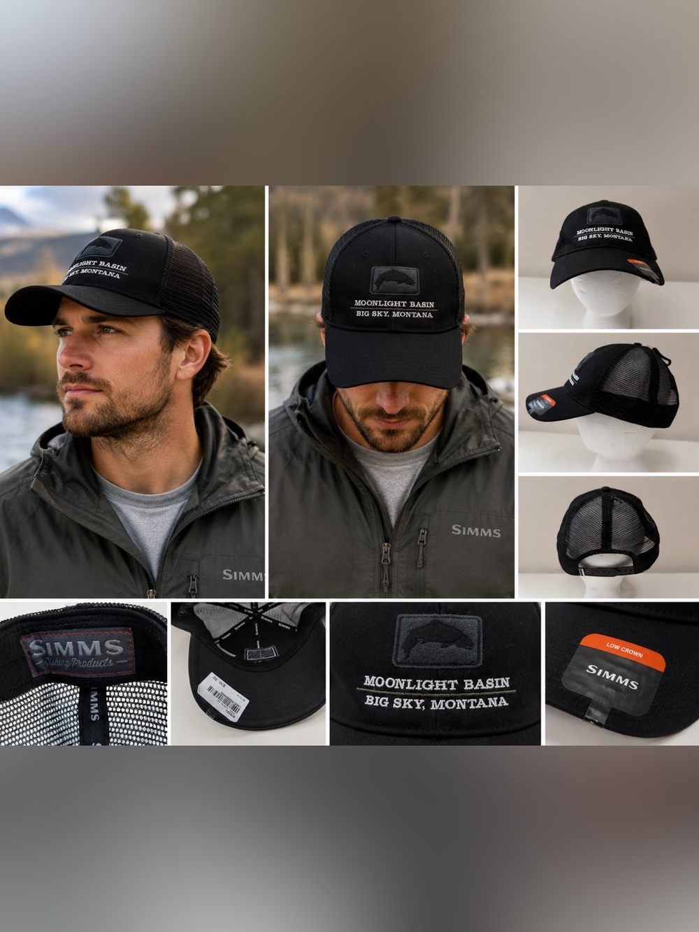 SIMMS Moonlight Basin Big Sky Montana Trucker Hat Snapback Black Mesh Fishing